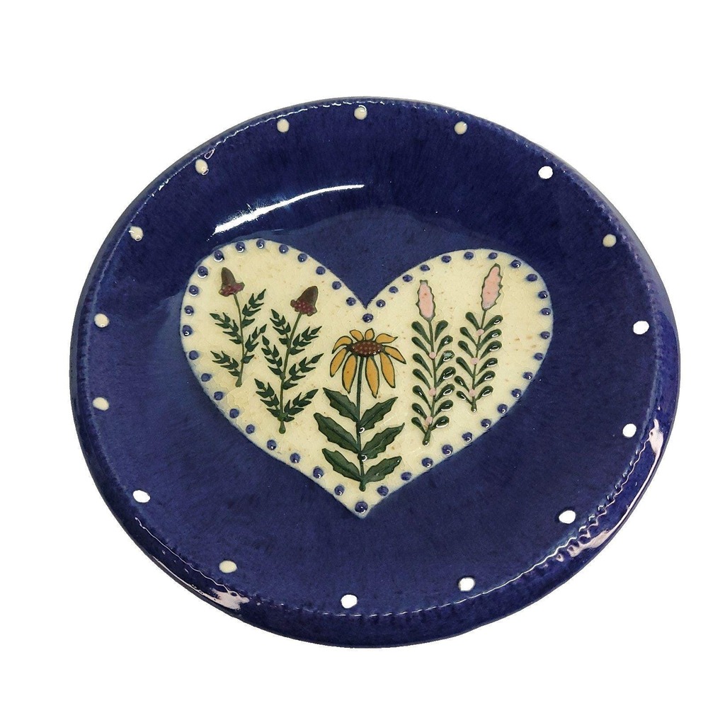 Earthen Vessel Pottery Trinket Dish 7" Heart Flowers Hand Painted 1991 vtg